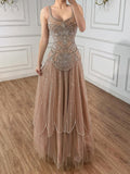 Arabic Luxury Rose Gold Spaghetti Straps Beaded A-Line Evening Dress CLA73189C