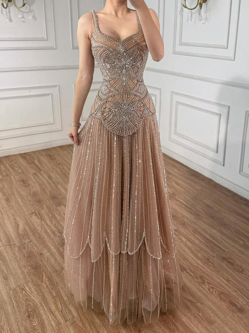 Arabic Luxury Rose Gold Spaghetti Straps Beaded A-Line Evening Dress CLA73189C