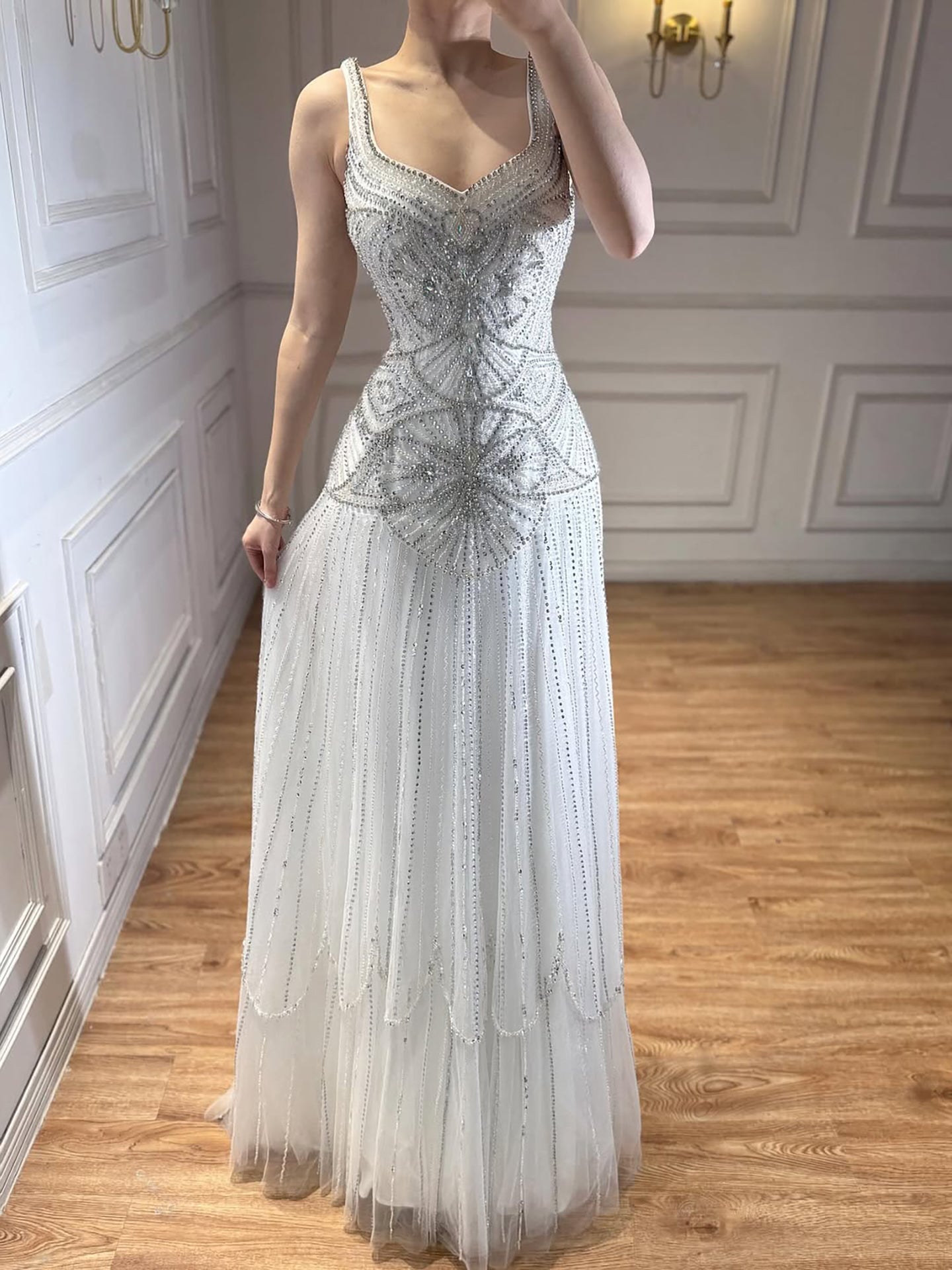 Arabic Luxury Rose Gold Spaghetti Straps Beaded A-Line Evening Dress CLA73189C