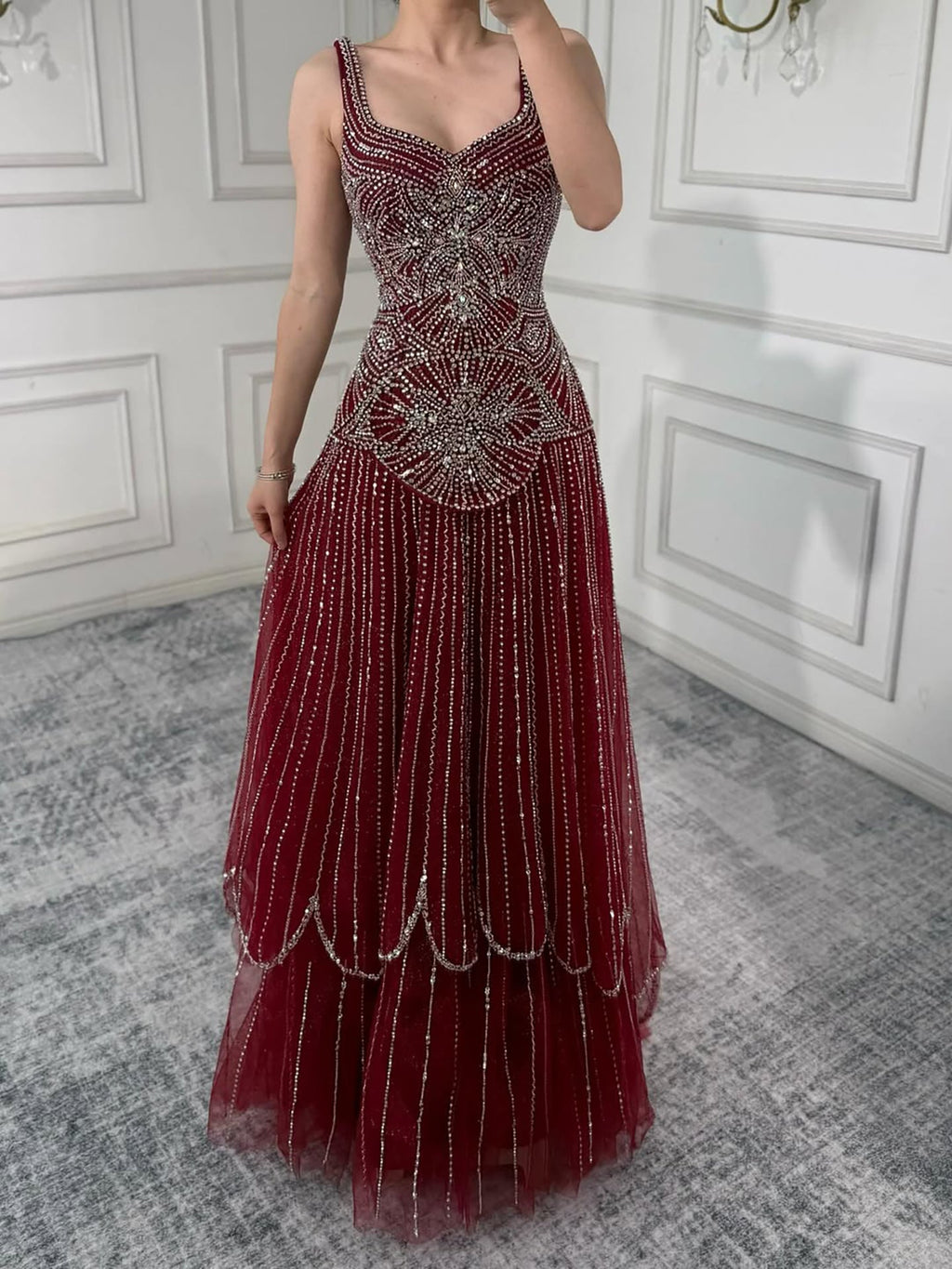 Luxury Nude Spaghetti Strap Beaded A-Line Evening Dress LA73189C