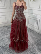 Luxury Nude Spaghetti Strap Beaded A-Line Evening Dress LA73189C