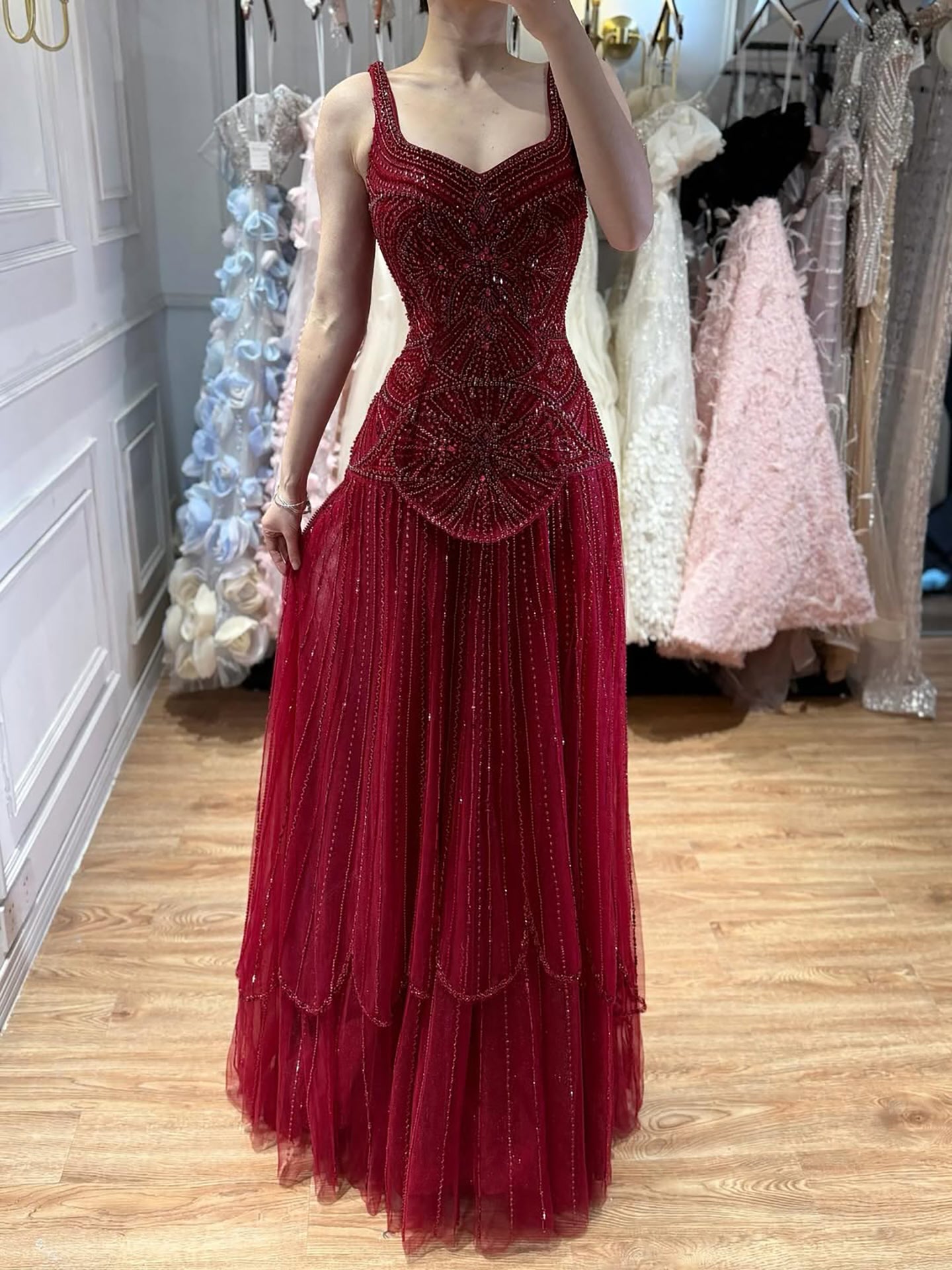 Arabic Luxury Rose Gold Spaghetti Straps Beaded A-Line Evening Dress CLA73189C
