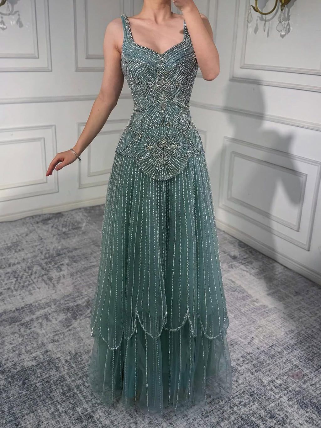 Luxury Nude Spaghetti Strap Beaded A-Line Evening Dress LA73189C