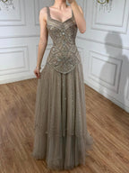 Luxury Nude Spaghetti Strap Beaded A-Line Evening Dress LA73189C