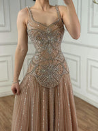 Luxury Nude Spaghetti Strap Beaded A-Line Evening Dress LA73189C