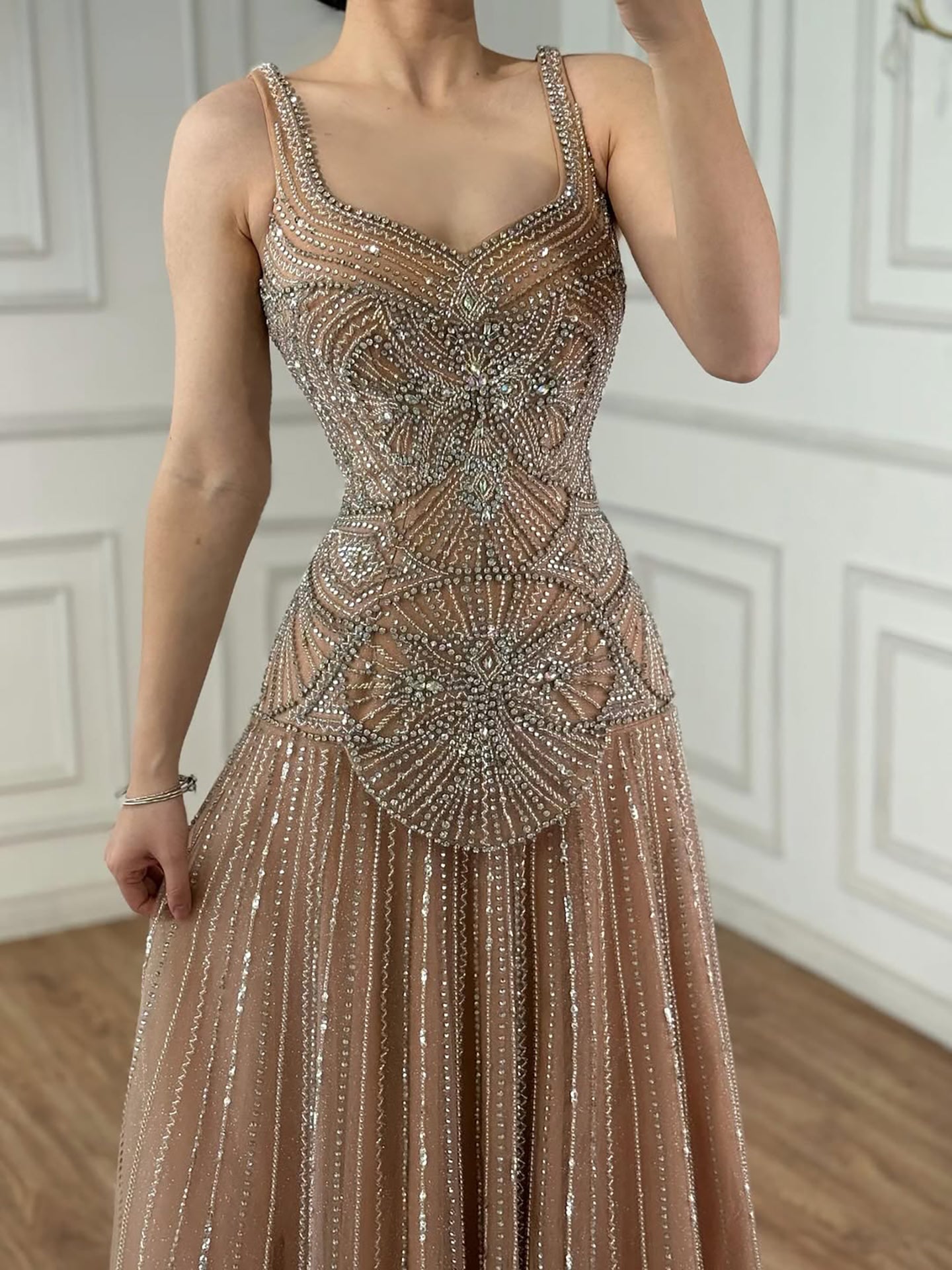 Luxury Nude Spaghetti Strap Beaded A-Line Evening Dress LA73189C