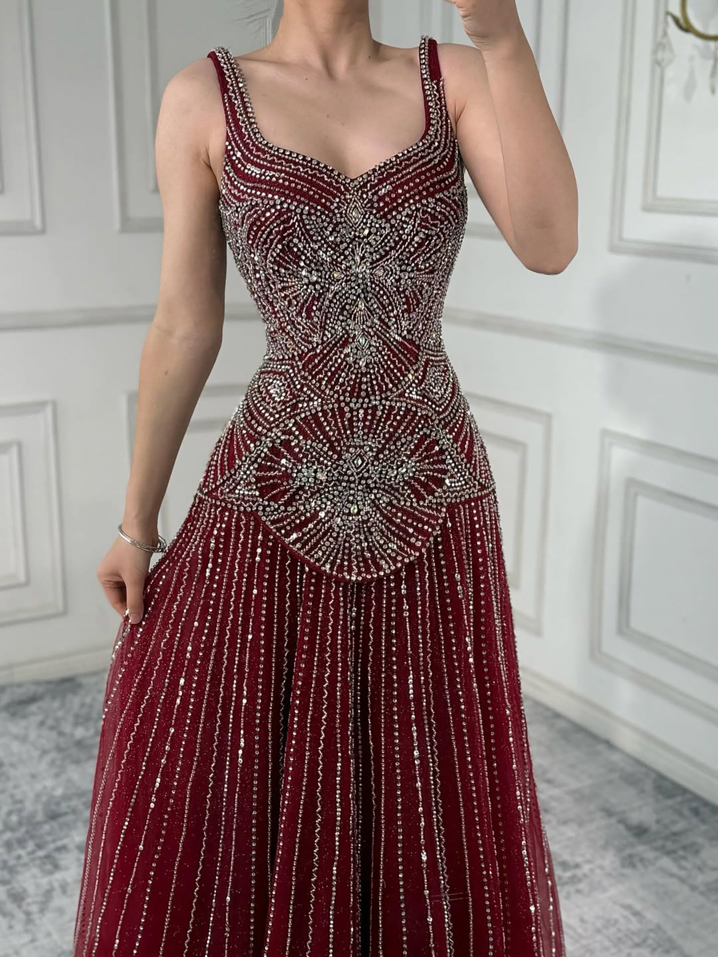 Luxury Nude Spaghetti Strap Beaded A-Line Evening Dress LA73189C