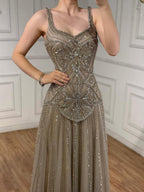 Luxury Nude Spaghetti Strap Beaded A-Line Evening Dress LA73189C
