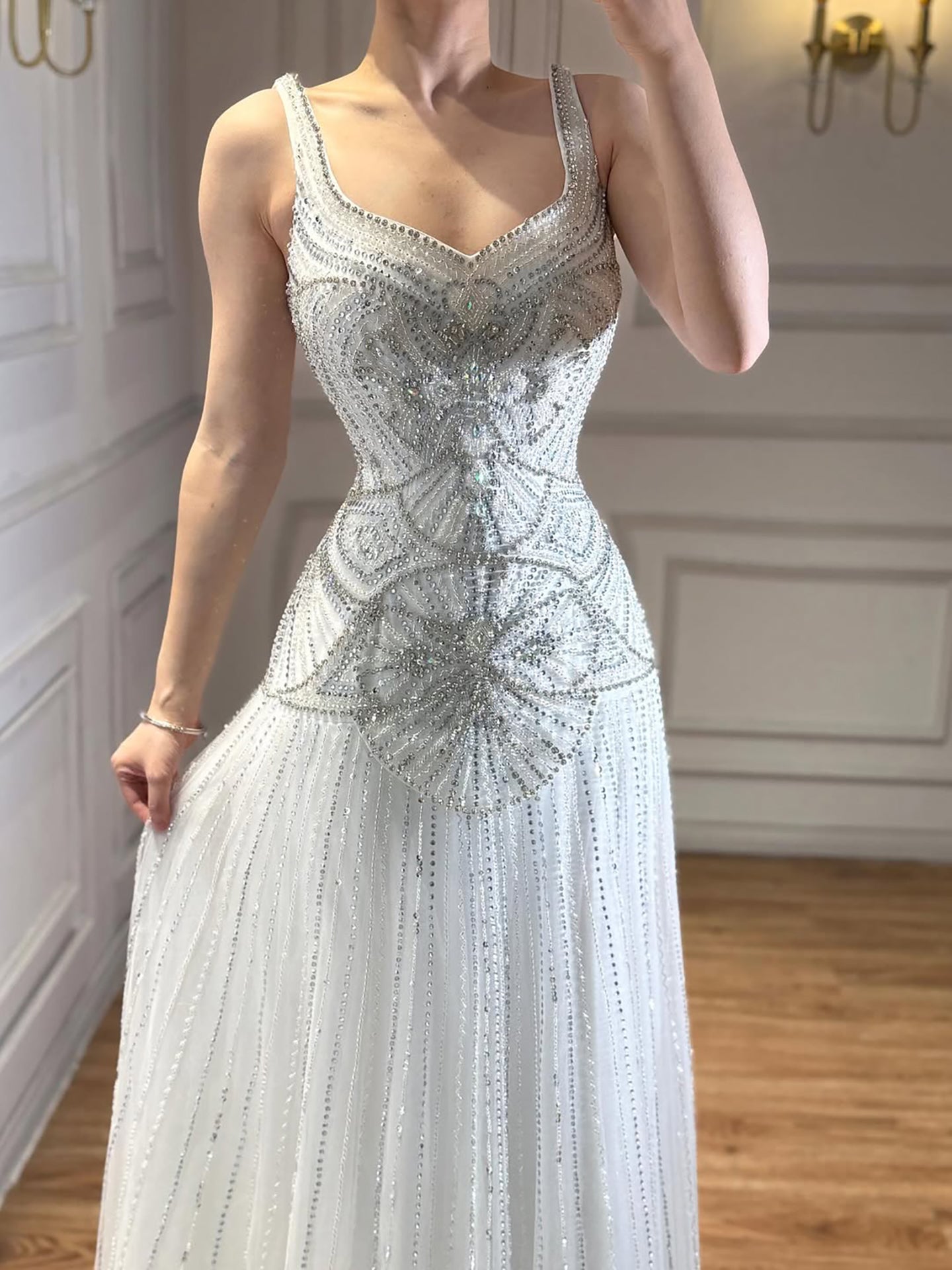 Arabic Luxury Rose Gold Spaghetti Straps Beaded A-Line Evening Dress CLA73189C