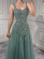 Luxury Nude Spaghetti Strap Beaded A-Line Evening Dress LA73189C