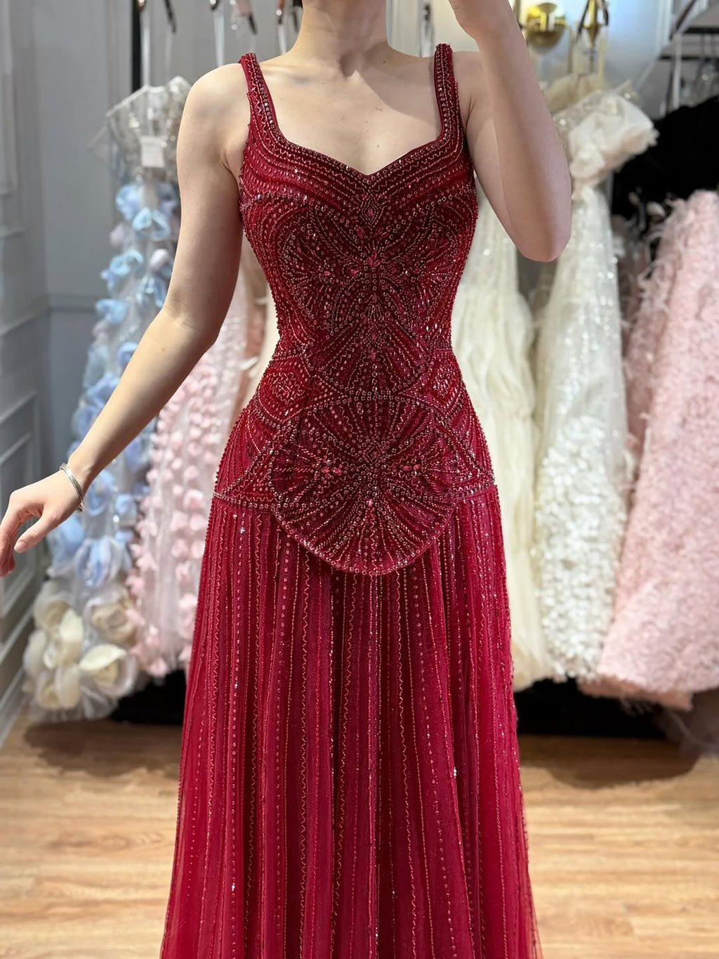 Arabic Luxury Rose Gold Spaghetti Straps Beaded A-Line Evening Dress CLA73189C
