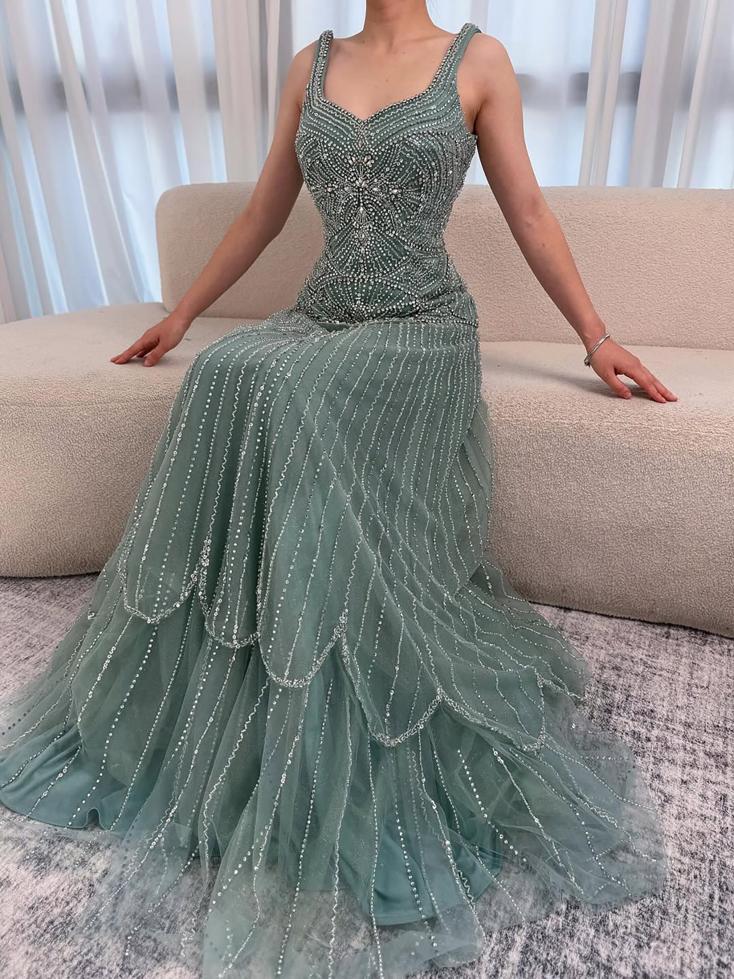 Luxury Nude Spaghetti Strap Beaded A-Line Evening Dress LA73189C