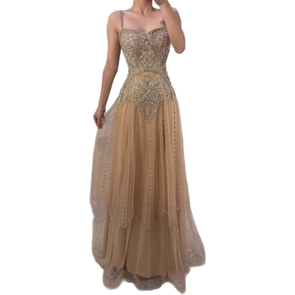 Luxury Nude Beaded A Line Evening Dress Spaghetti Strap CLA73189D
