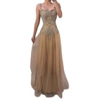 Luxury Nude Beaded A Line Evening Dress Spaghetti Strap CLA73189D