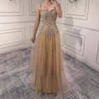 Luxury Nude Beaded A Line Evening Dress Spaghetti Strap CLA73189D