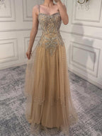 Luxury Nude Beaded A Line Evening Dress Spaghetti Strap CLA73189D