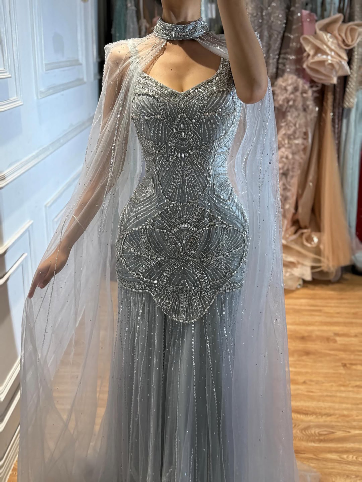 Luxury Gold Beaded Mermaid Evening Dress with Cape LA73189E