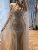 Luxury Gold Beaded Mermaid Evening Dress with Cape LA73189E
