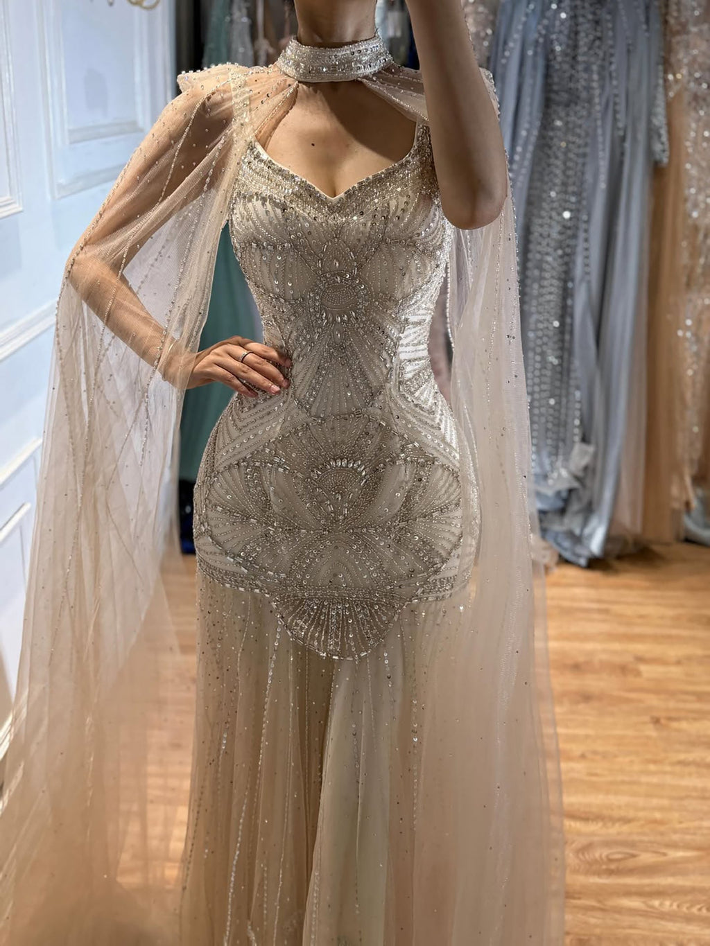Luxury Gold Beaded Mermaid Evening Dress with Cape LA73189E