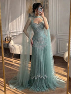 Luxury Gold Beaded Mermaid Evening Dress with Cape LA73189E