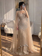 Luxury Gold Beaded Mermaid Evening Dress with Cape LA73189E