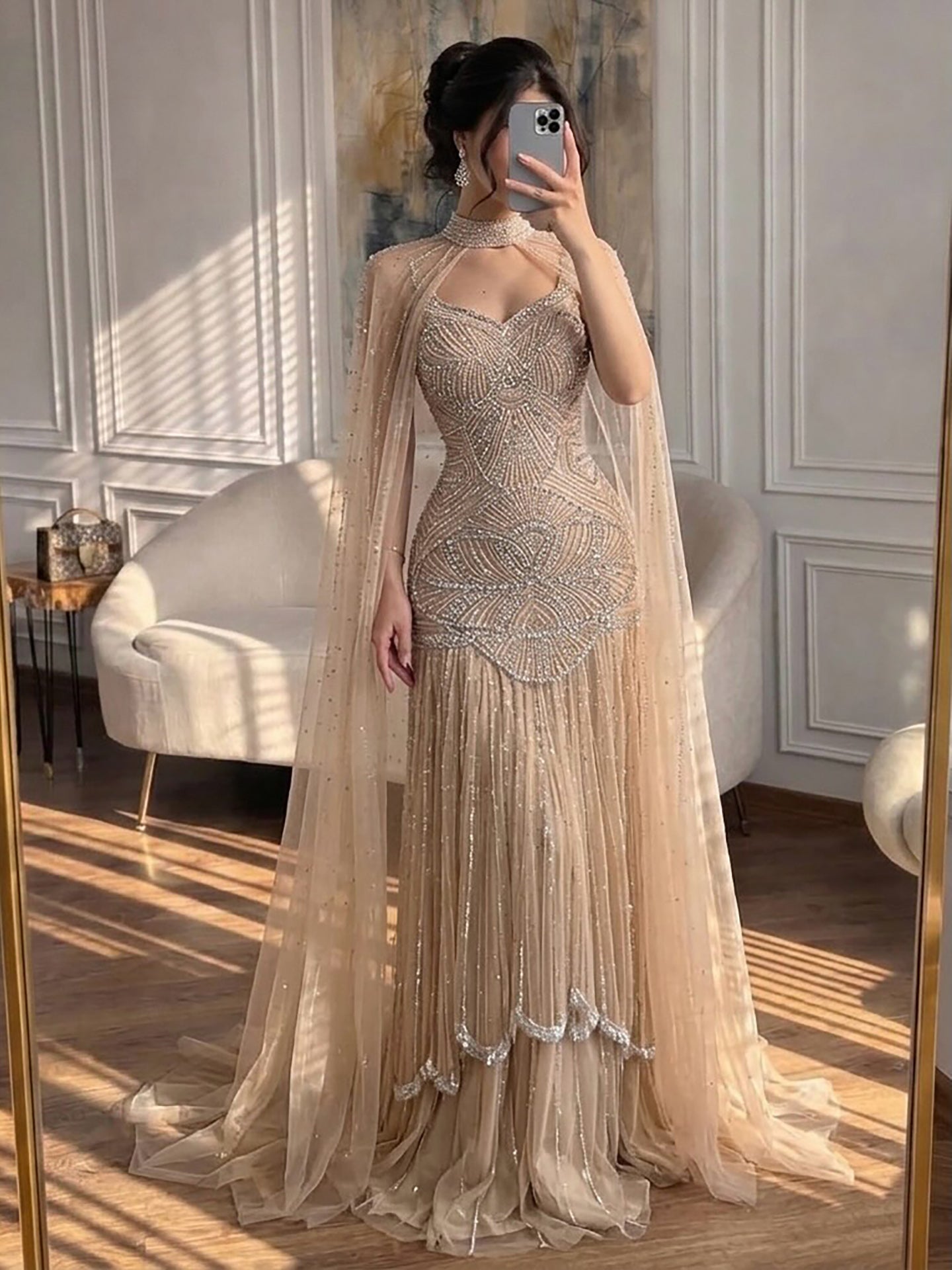 Luxury Gold Beaded Mermaid Evening Dress with Cape LA73189E