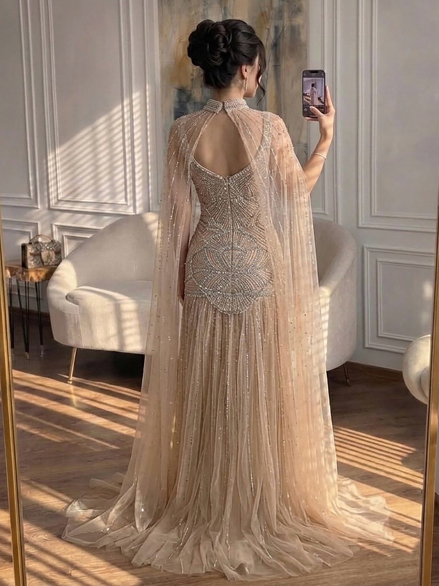 Luxury Gold Beaded Mermaid Evening Dress with Cape LA73189E