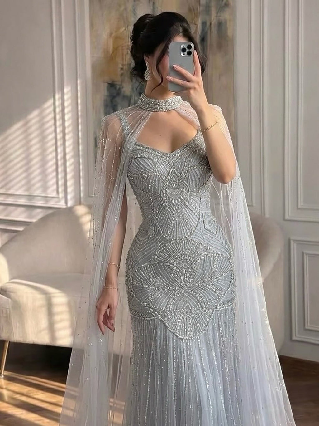 Luxury Gold Beaded Mermaid Evening Dress with Cape LA73189E
