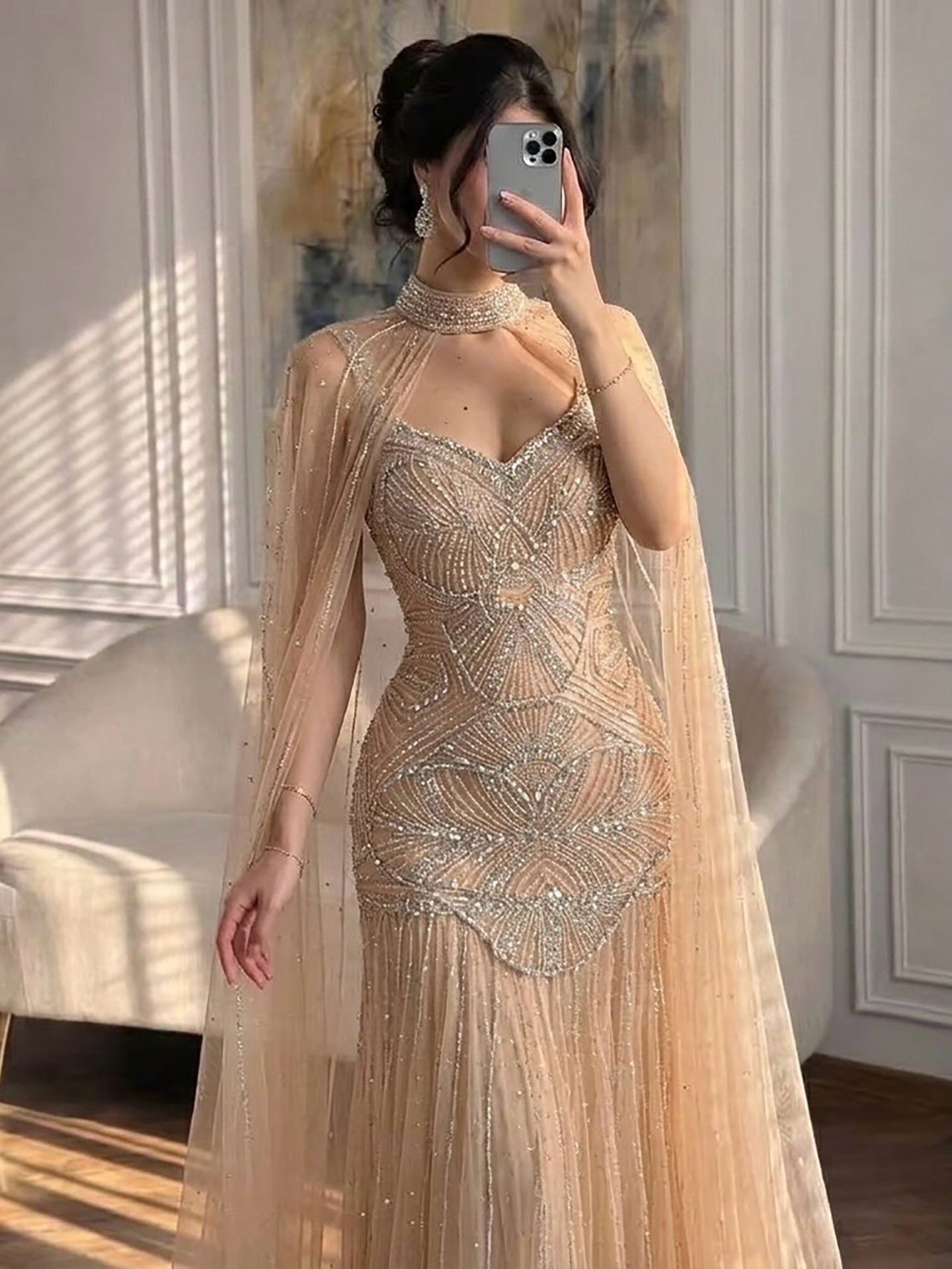 Luxury Gold Beaded Mermaid Evening Dress with Cape LA73189E