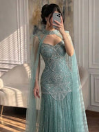 Luxury Gold Beaded Mermaid Evening Dress with Cape LA73189E