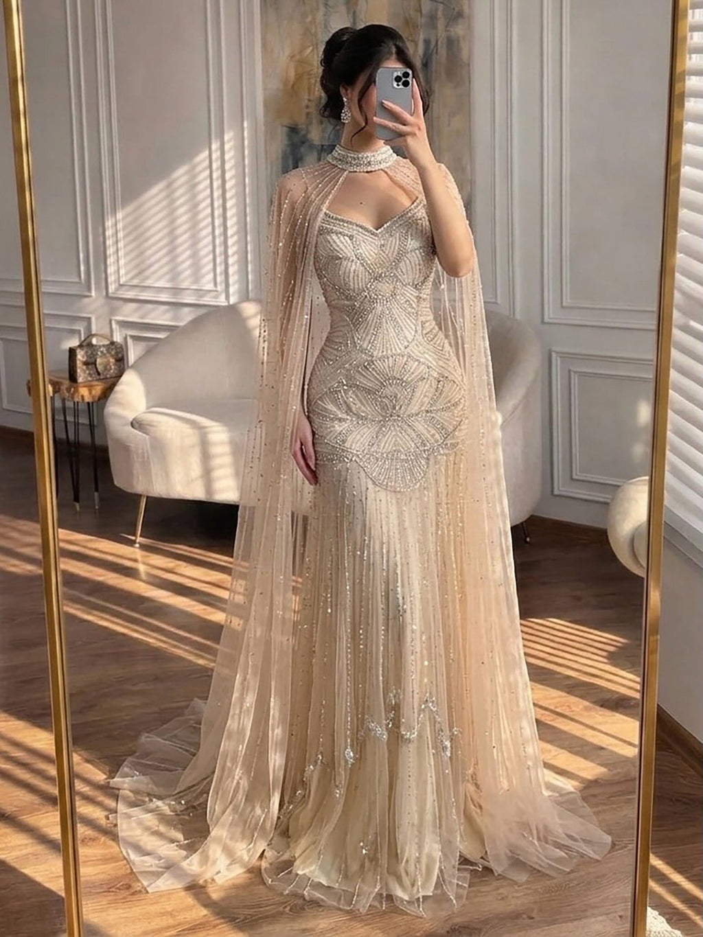 Luxury Gold Beaded Mermaid Evening Dress with Cape LA73189E