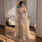 Luxury Gold Beaded Mermaid Evening Dress with Cape LA73189E