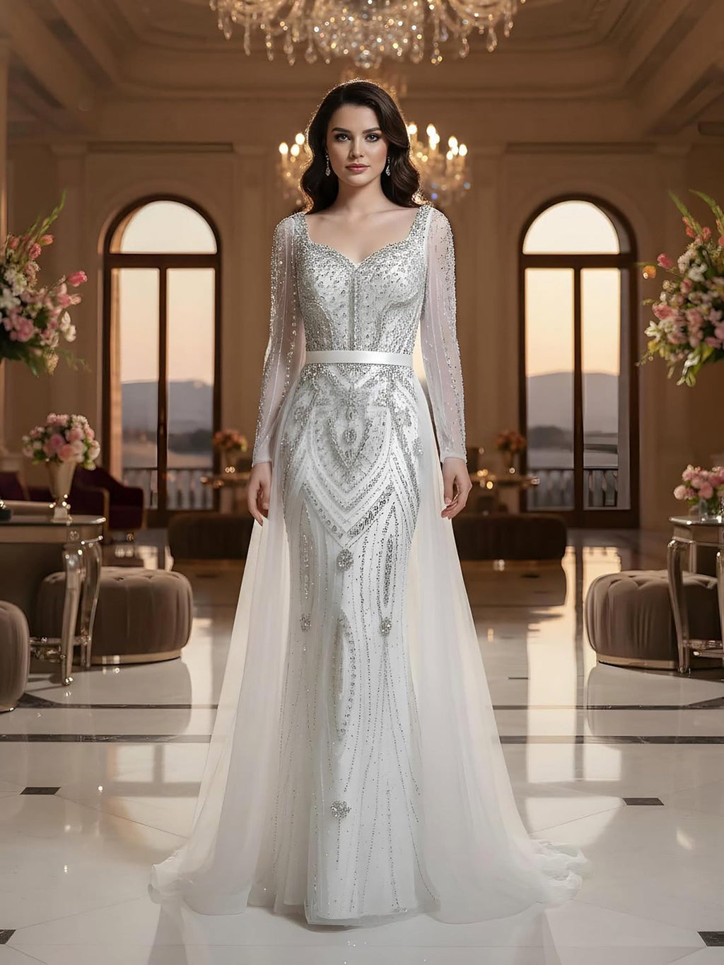 Luxury Nude Beaded Mermaid Evening Dress With Overskirt CLA73190