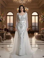 Luxury Nude Beaded Mermaid Evening Dress With Overskirt CLA73190