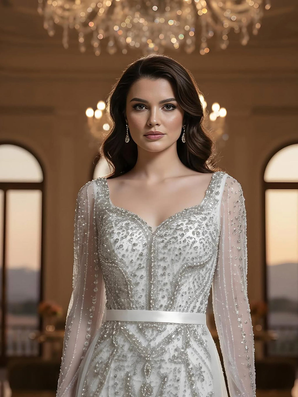Luxury Nude Beaded Mermaid Evening Dress With Overskirt CLA73190