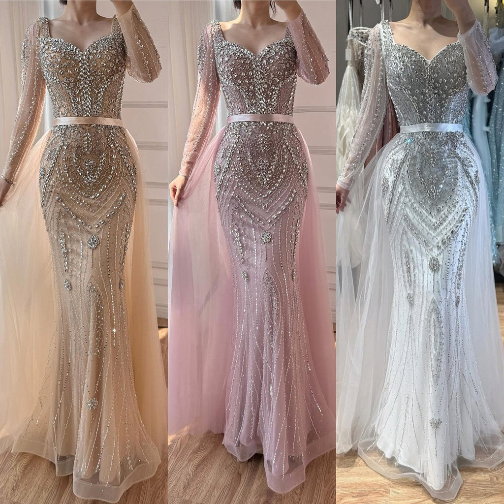 Luxury Nude Beaded Mermaid Evening Dress With Overskirt CLA73190