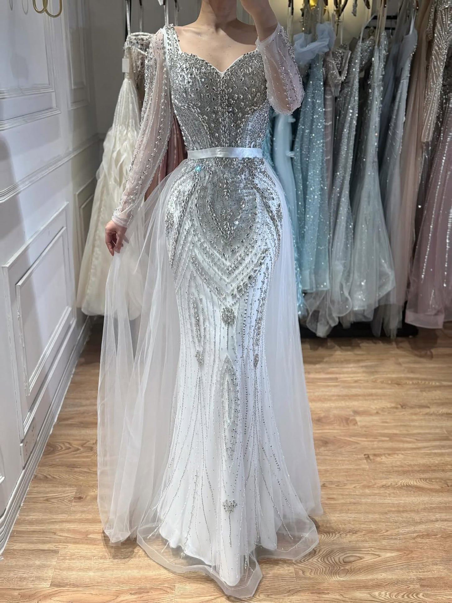 Luxury Nude Beaded Mermaid Evening Dress With Overskirt CLA73190