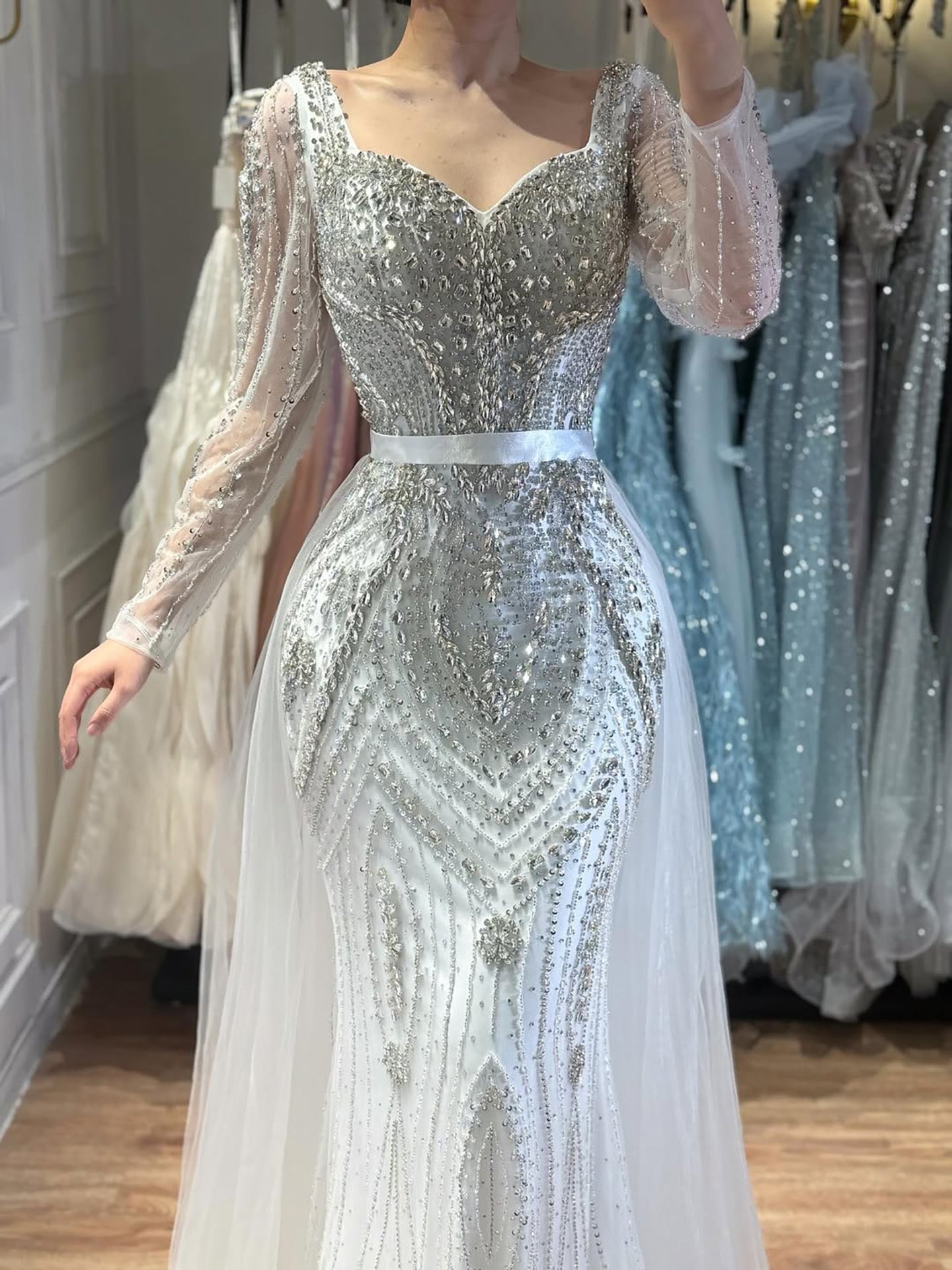 Luxury Nude Beaded Mermaid Evening Dress With Overskirt CLA73190