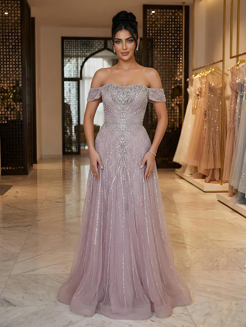Luxury Dubai Nude Strapless Beaded A-Line Evening Dress CLA73195A
