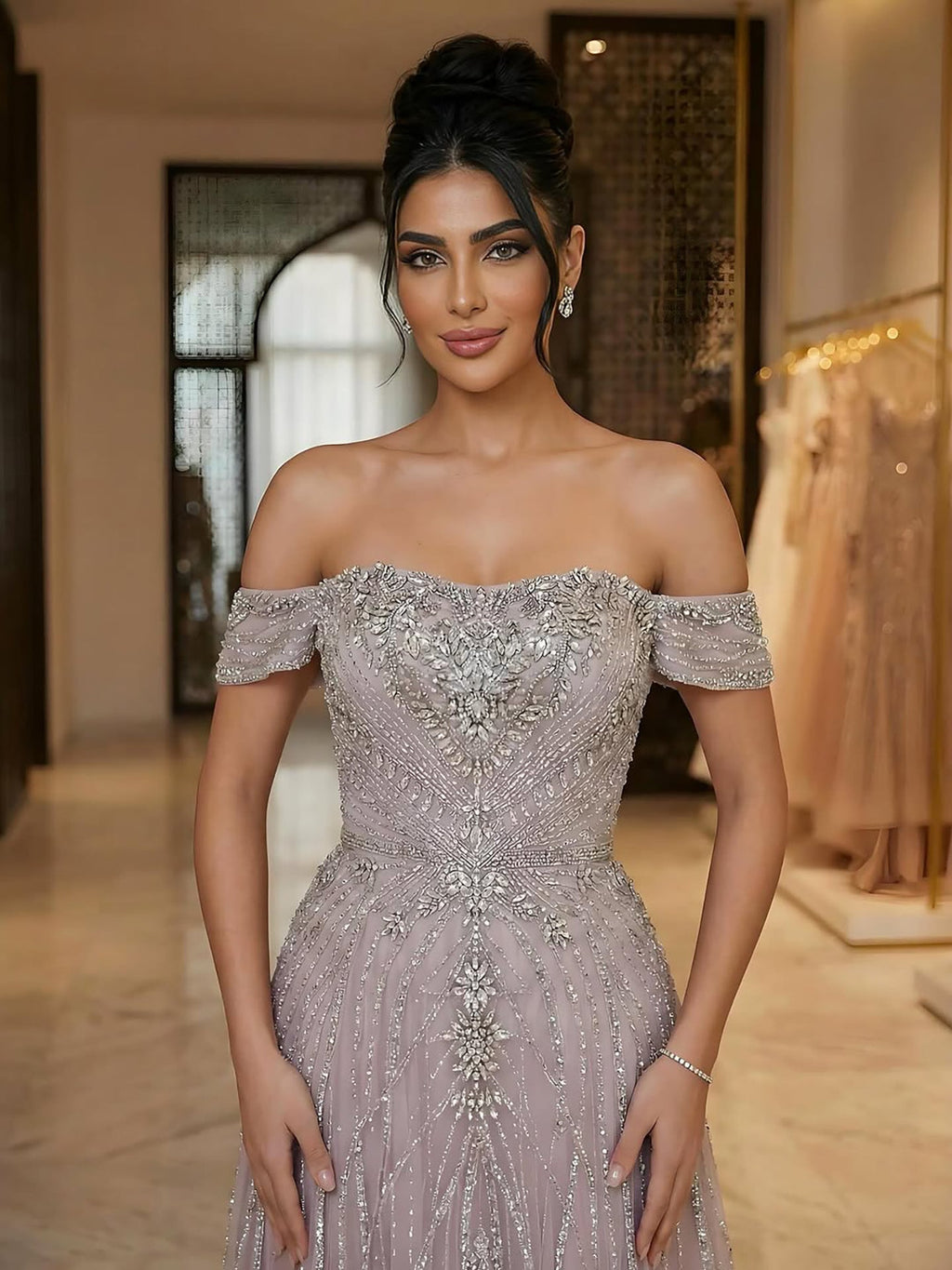 Luxury Dubai Nude Strapless Beaded A-Line Evening Dress CLA73195A