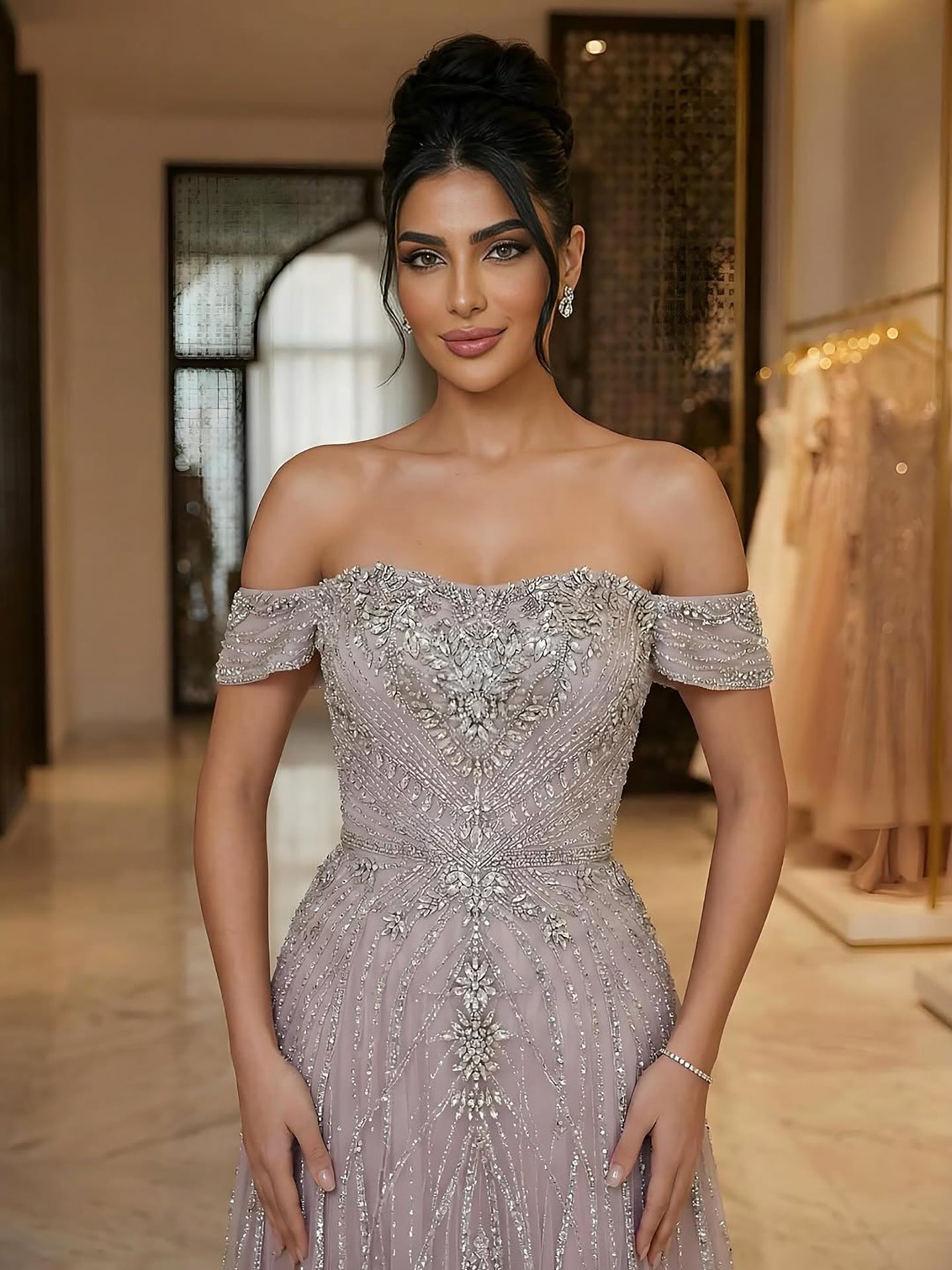 Luxury Dubai Nude Strapless Beaded A-Line Evening Dress CLA73195A