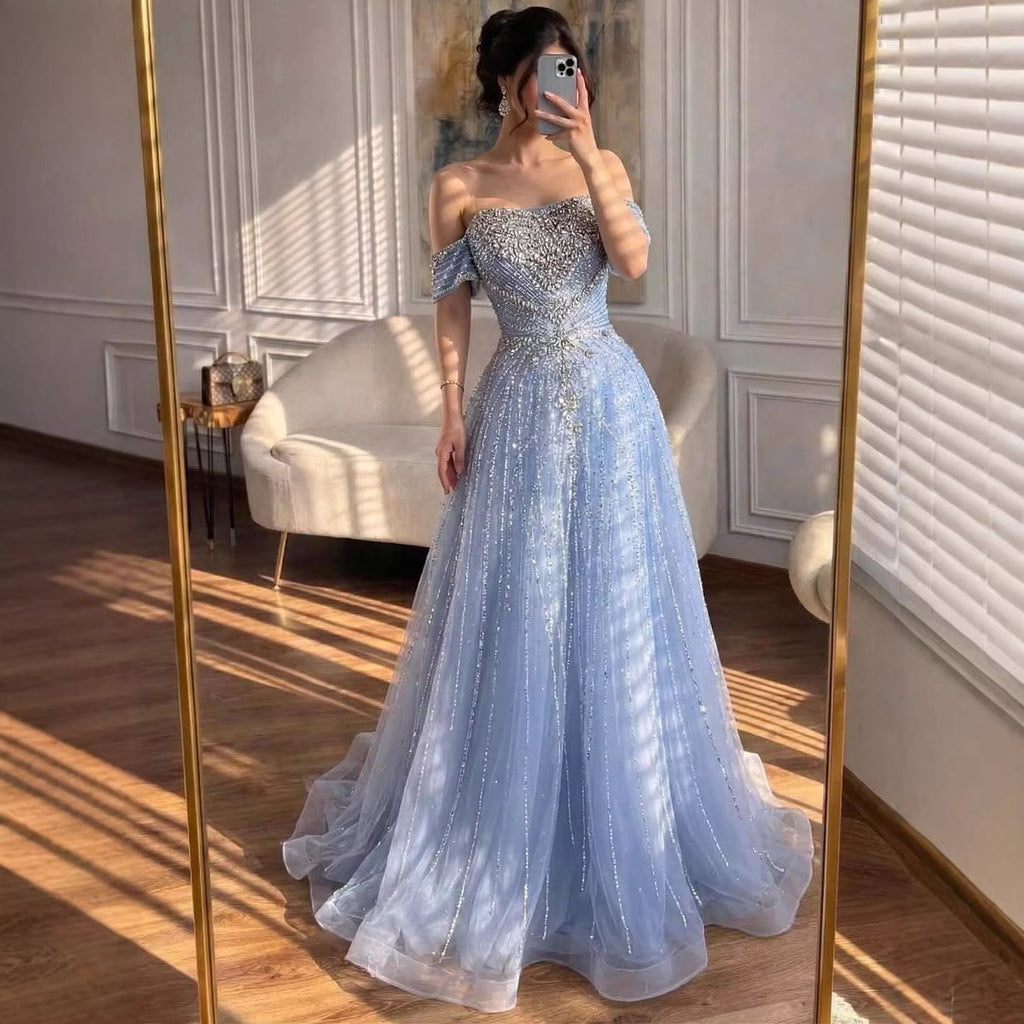 Luxury Dubai Nude Strapless Beaded A-Line Evening Dress CLA73195A