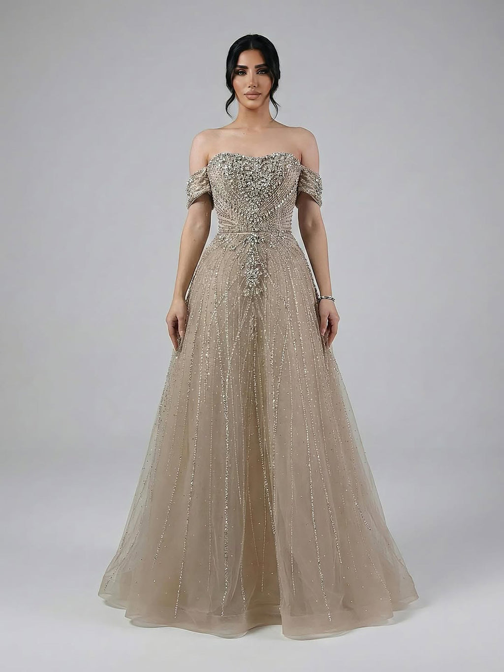 Luxury Dubai Nude Strapless Beaded A-Line Evening Dress CLA73195A