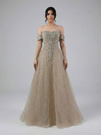 Luxury Dubai Nude Strapless Beaded A-Line Evening Dress CLA73195A