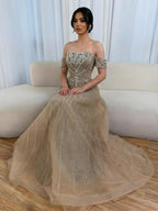 Luxury Dubai Nude Strapless Beaded A-Line Evening Dress CLA73195A