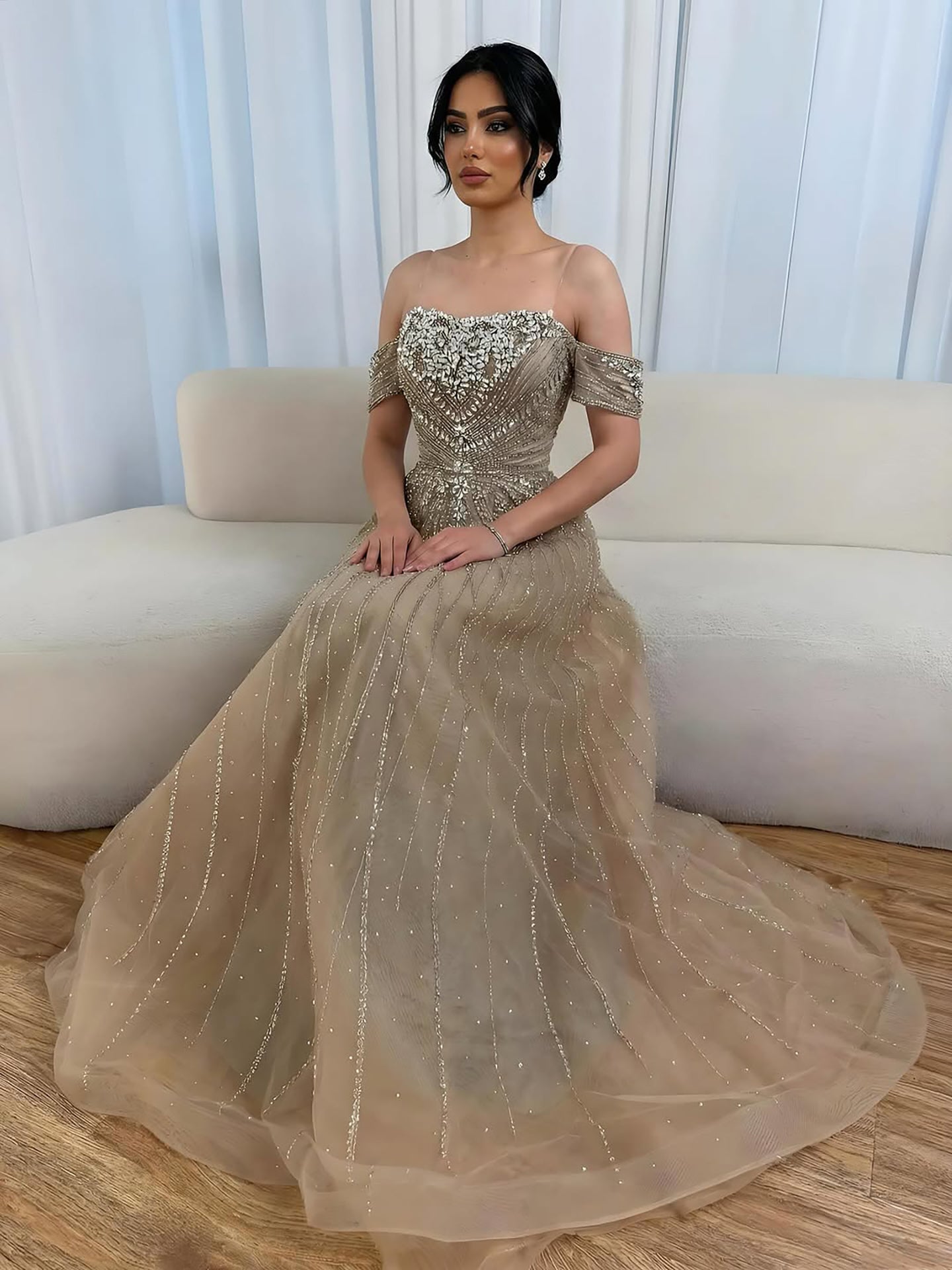 Luxury Dubai Nude Strapless Beaded A-Line Evening Dress CLA73195A