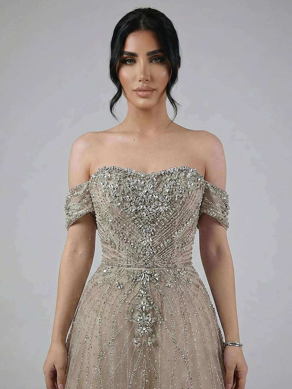 Luxury Dubai Nude Strapless Beaded A-Line Evening Dress CLA73195A