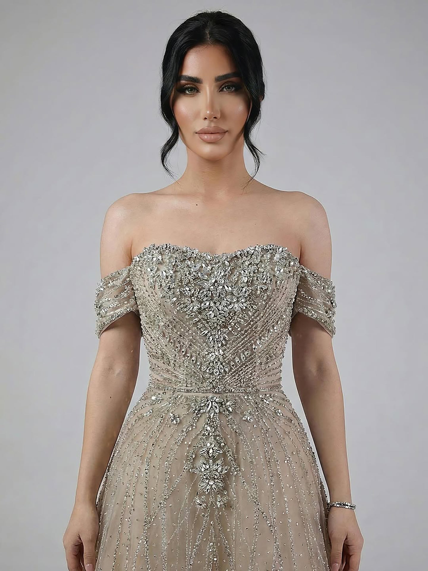 Luxury Dubai Nude Strapless Beaded A-Line Evening Dress CLA73195A