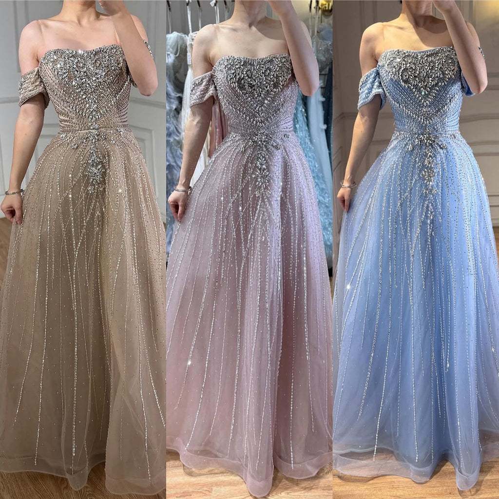 Luxury Dubai Nude Strapless Beaded A-Line Evening Dress CLA73195A