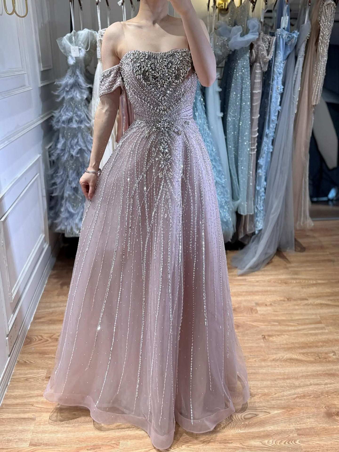 Luxury Dubai Nude Strapless Beaded A-Line Evening Dress CLA73195A
